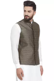 Black Brocade Printed Nehru Jacket
