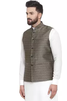 Black Brocade Printed Nehru Jacket