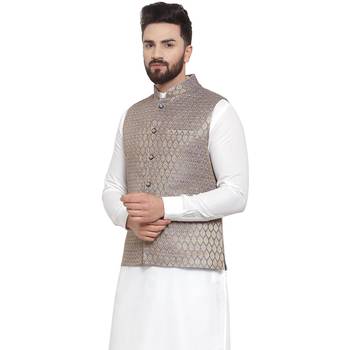 New Designer Men Blue Brocade Nehru Jacket With Golden Work By Treemoda 1