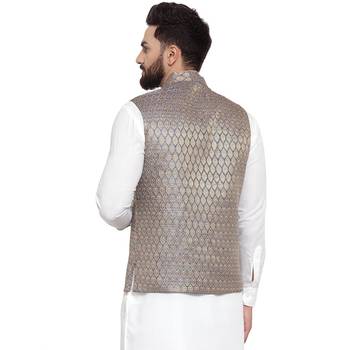 New Designer Men Blue Brocade Nehru Jacket With Golden Work By Treemoda 2