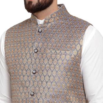 New Designer Men Blue Brocade Nehru Jacket With Golden Work By Treemoda 3