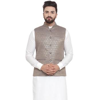 New Designer Men Blue Brocade Nehru Jacket With Golden Work By Treemoda 4