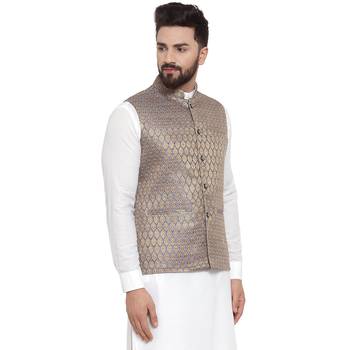 New Designer Men Blue Brocade Nehru Jacket With Golden Work By Treemoda 5