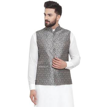 Grey Brocade Printed Nehru Jacket 1