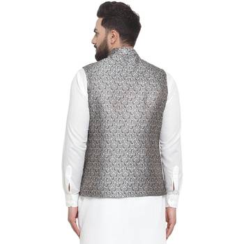 Grey Brocade Printed Nehru Jacket 2