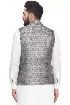Grey Brocade Printed Nehru Jacket