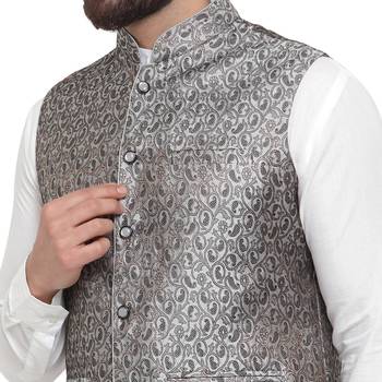 Grey Brocade Printed Nehru Jacket 3
