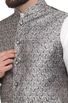 Grey Brocade Printed Nehru Jacket