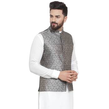 Grey Brocade Printed Nehru Jacket 4