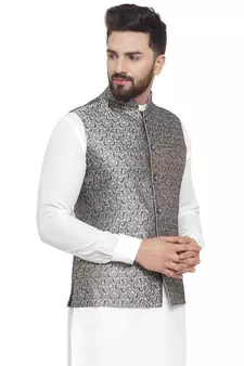 Grey Brocade Printed Nehru Jacket