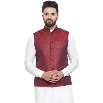 New Designer Men Maroon Brocade Nehru Jacket With Blue Work 1