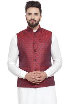 New Designer Men Maroon Brocade Nehru Jacket With Blue Work By Treemoda