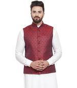 New Designer Men Maroon Brocade Nehru Jacket With Blue Work