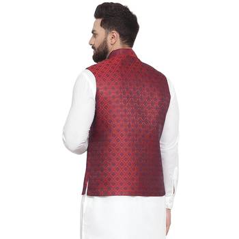 New Designer Men Maroon Brocade Nehru Jacket With Blue Work 2