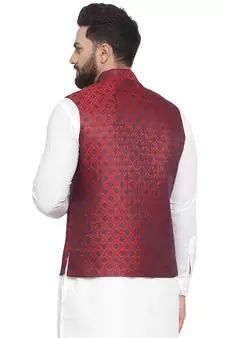 New Designer Men Maroon Brocade Nehru Jacket With Blue Work