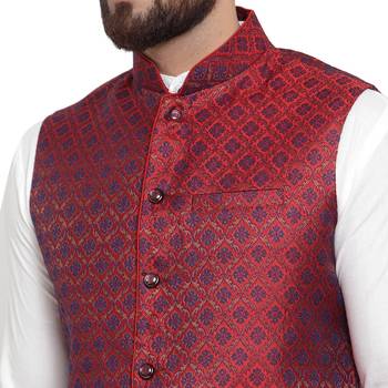New Designer Men Maroon Brocade Nehru Jacket With Blue Work 3