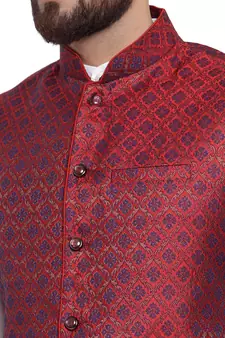 New Designer Men Maroon Brocade Nehru Jacket With Blue Work