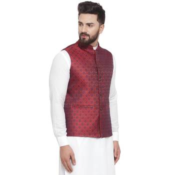 New Designer Men Maroon Brocade Nehru Jacket With Blue Work 4