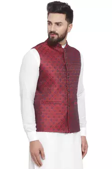 New Designer Men Maroon Brocade Nehru Jacket With Blue Work