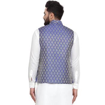 Blue Brocade Printed Nehru Jacket 2