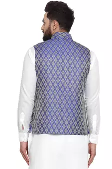 Blue Brocade Printed Nehru Jacket