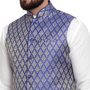 Blue Brocade Printed Nehru Jacket 3