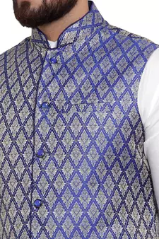 Blue Brocade Printed Nehru Jacket