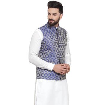 Blue Brocade Printed Nehru Jacket 4