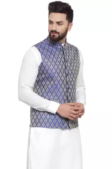 Blue Brocade Printed Nehru Jacket