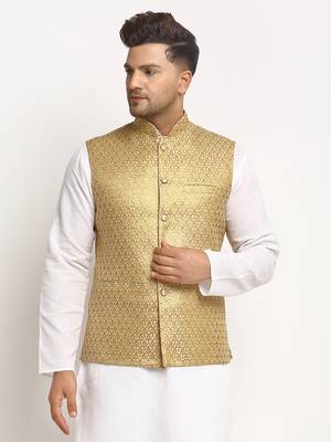 Gold Brocade Printed Nehru Jacket 1