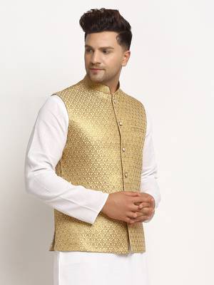 Gold Brocade Printed Nehru Jacket 2