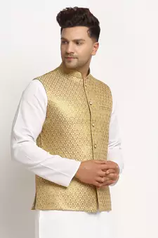 Gold Brocade Printed Nehru Jacket