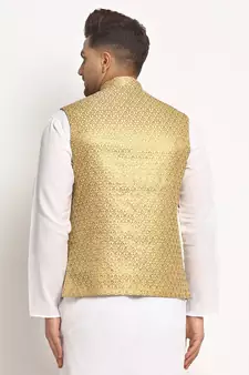 Gold Brocade Printed Nehru Jacket