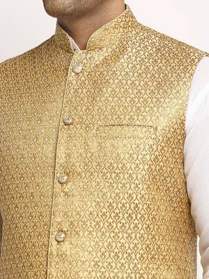 Gold Brocade Printed Nehru Jacket 4