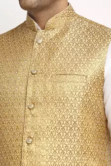 Gold Brocade Printed Nehru Jacket