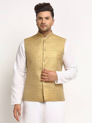 Gold Brocade Printed Nehru Jacket 1