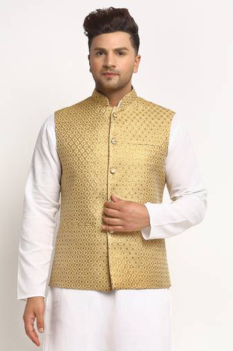 Gold Brocade Printed Nehru Jacket
