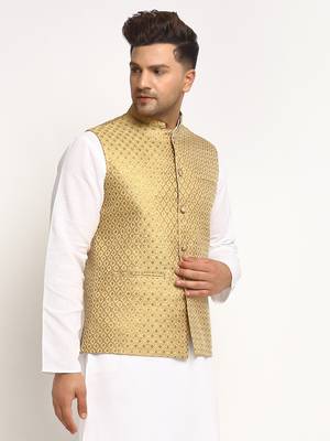 Gold Brocade Printed Nehru Jacket 2