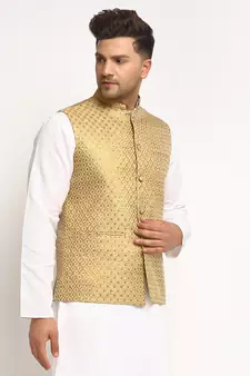Gold Brocade Printed Nehru Jacket