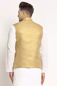Gold Brocade Printed Nehru Jacket