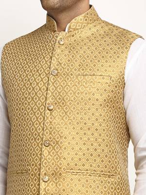 Gold Brocade Printed Nehru Jacket 4