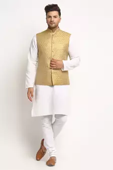Gold Brocade Printed Nehru Jacket