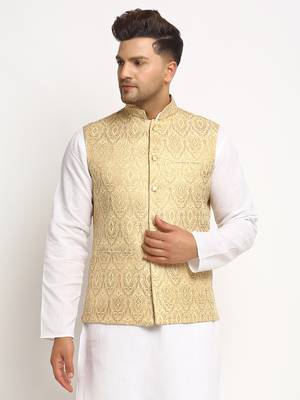 New Designer Men Light Golden Brocade Nehru Jacket With Golden Work By Treemoda 1