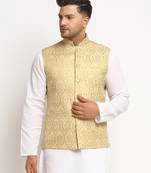 New Designer Men Light Golden Brocade Nehru Jacket With Golden Work By Treemoda