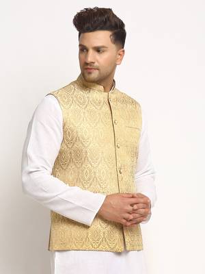 New Designer Men Light Golden Brocade Nehru Jacket With Golden Work By Treemoda 2