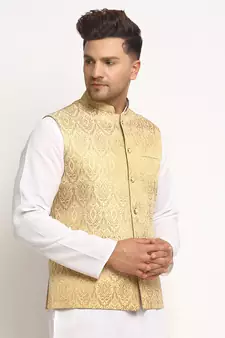 New Designer Men Light Golden Brocade Nehru Jacket With Golden Work By Treemoda