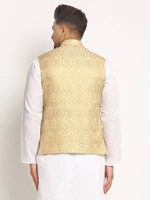 New Designer Men Light Golden Brocade Nehru Jacket With Golden Work By Treemoda 3
