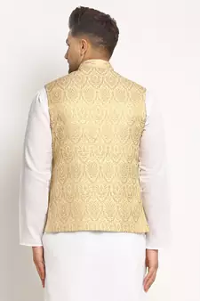 New Designer Men Light Golden Brocade Nehru Jacket With Golden Work By Treemoda