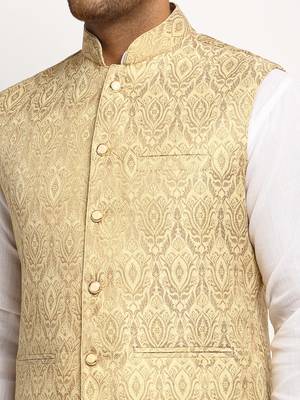 New Designer Men Light Golden Brocade Nehru Jacket With Golden Work By Treemoda 4
