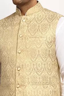 New Designer Men Light Golden Brocade Nehru Jacket With Golden Work By Treemoda